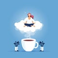 Relax at Work, Coffee Break-Business Woman Character Relaxing Meditating at Office Work