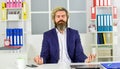 Relax with yoga. businessman meditating at table. calm entrepreneur in modern office. business success. successful Royalty Free Stock Photo