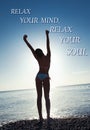 Relax your mind and soul. Girl silhouette stretching on morning beach