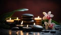 Basalt Stones Surrounded by Candles and Oriental Plants as a Spa Symbol - Generative AI