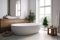 white interior home bathtub modern bathroom wood architecture house luxury towel. Generative AI. Royalty Free Stock Photo