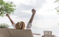 Relaxation holiday vacation celebration of businessman take it easy happily resting on beach chair at swimming pool poolside beach