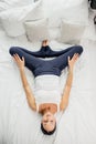 Relaxation, meditation. sporty slim woman in gymnastic costume lying on back Royalty Free Stock Photo