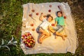 Top-view shot of two cute kids lying on the plaid in garden with basket of red apples near them. Royalty Free Stock Photo