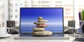 Zen stones stack on a computer, office background. 3d illustration Royalty Free Stock Photo