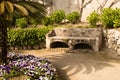 Relaxation place with bench in a flowering garden, Villa Rufolo, Ravello, Amalfi Coast, Italy, Solerno,Europe