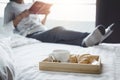 Relaxation and recreation, Young happiness woman on the bed with Royalty Free Stock Photo