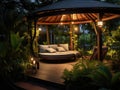Relaxation redefined: hammock haven in a fern-filled gazebo Royalty Free Stock Photo
