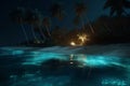 luminous palm night paradise ocean tree beach sky vacation blue tropical. Generative AI.