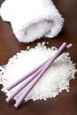 Relaxation spa sea bath salt with lavender sticks Royalty Free Stock Photo