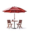 Relaxation spot, CafÃÂ© table and chair with parasol isolated on white, generative Ai Royalty Free Stock Photo