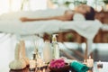 The relaxation station. Shot of various spa essentials arranged on a table. Royalty Free Stock Photo
