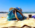 Relaxation Summer  vacation Girl beach clothes Seascape   ,sand Holiday vacation on tropical island sun blue sky blue handbag yel Royalty Free Stock Photo