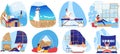 Relaxation vector illustration set, cartoon flat comfort relax meditation collection with people relaxing at bathroom