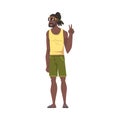 Relaxed African American Man Showing Victory Sign, Lounging Male Character Wearing Sleeveless Tank Top and Shorts Ready Royalty Free Stock Photo