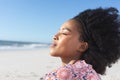 Relaxed african american woman smiling with eyes closed on sunny beach by sea