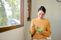 Relaxed Asian woman eating salad vegetables mix at the cafe on the weekend morning Royalty Free Stock Photo