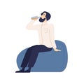 Relaxed bearded male sitting on comfy armchair drinking refreshing beverage from bottle vector flat illustration