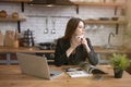 Relaxed beautiful business woman checkingdaily news in laptop and reading magazine in the kitchen while drinking morning coffee