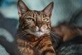 Relaxed Bengal cat in looking at camera on a turquoise wool blanket.