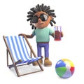 Relaxed black man with dreadlocks on holiday with deckchair and drink, 3d illustration