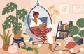 Relaxed black skin woman sitting in comfy hanging chair vector flat illustration. Female covering plaid reading book at