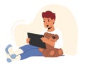 Relaxed Boy with Tablet Pc and Teddy Bear Watching Movies or Studying Online. Child Using Gadget, Kid Remote Education