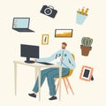 Relaxed Business Man or Freelancer Character Working on Computer Sitting at Desk Workplace in Office or Home, Freelance