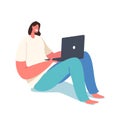 Relaxed Business Woman, Student or Freelancer Working on Laptop Sit on Floor Thinking of Tasks. Freelance Employee