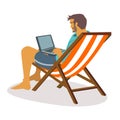 Relaxed Businessman Freelancer in Summer Wear Sitting on Daybed . Working on Laptop. Distant Outsourced Employee, Vacation