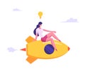 Relaxed Businesswoman with Light Bulb over Head Flying on Rocket Engine with Crossed Legs Racing to Success