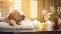 Relaxed canine enjoys spa, pampering and grooming.