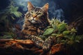 Relaxed Cat on Cannabis Leaves. AI