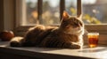 Golden Hour Cat: A Cozy Afternoon Nap on a Sunlit Window Sill Royalty Free Stock Photo