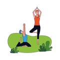 Relaxed couple doing yoga poses outdoors , colorful design