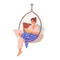 Relaxed domestic girl sitting in comfy hanging chair reading book vector flat illustration. Woman resting covered