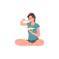 Relaxed domestic woman eating fresh healthy salad sitting in lotus position at home floor vector