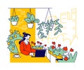 Relaxed Female Character in Comfortable Armchair Working on Laptop at House Balcony with Potted Plants or Flowers around