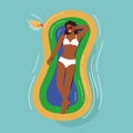 Relaxed Female Character Enjoying Summer Time Vacation Floating on Inflatable Air Mattress, Take Sun Bath and Tanning