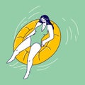 Relaxed Female Character Enjoying Summer Time Vacation Floating on Inflatable Mattress, Take Sun Bath Royalty Free Stock Photo