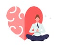 Relaxed Female Character Meditate in Yoga Lotus Pose near Huge Heart Separated on Two Parts Feelings and Brain Iq and Eq