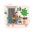 Relaxed Female Character Sitting in Comfortable Armchair Drinking Coffee at House Balcony with Potted Plants or Flowers