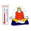 Relaxed Female Character Sitting in Lotus Posture Meditating at Home with Thermometer Show Warm Comfort Temperature