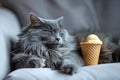 Relaxed Fluffy Grey Cat Napping Beside Melting Ice Cream Cone on a Cozy Sofa, Depicting Lazy Summer Days and Pet Comfort