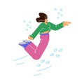 Relaxed flying woman, leaves and bubbles flat style, vector illustration