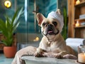 A relaxed French Bulldog with a towel head wrap exudes spa day bliss, amidst a serene bathroom setting