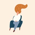 Relaxed girl with starry sky in red hair sitting with closed eyes vector flat illustration. Dreaming domestic woman