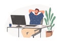Relaxed guy sitting on chair feeling satisfied from work productivity vector flat illustration. Freelancer male resting
