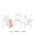 Relaxed home saint valentine`s day illustration. Two outdoor wooden chairs with knitted plaid. Royalty Free Stock Photo