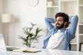 Relaxed Indian Male Freelancer Leaning Back In Chair, Resting After Online Work Royalty Free Stock Photo